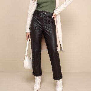 Lulus Effortless Edge Dark Brown Vegan Leather Straight Leg Pants - Size S